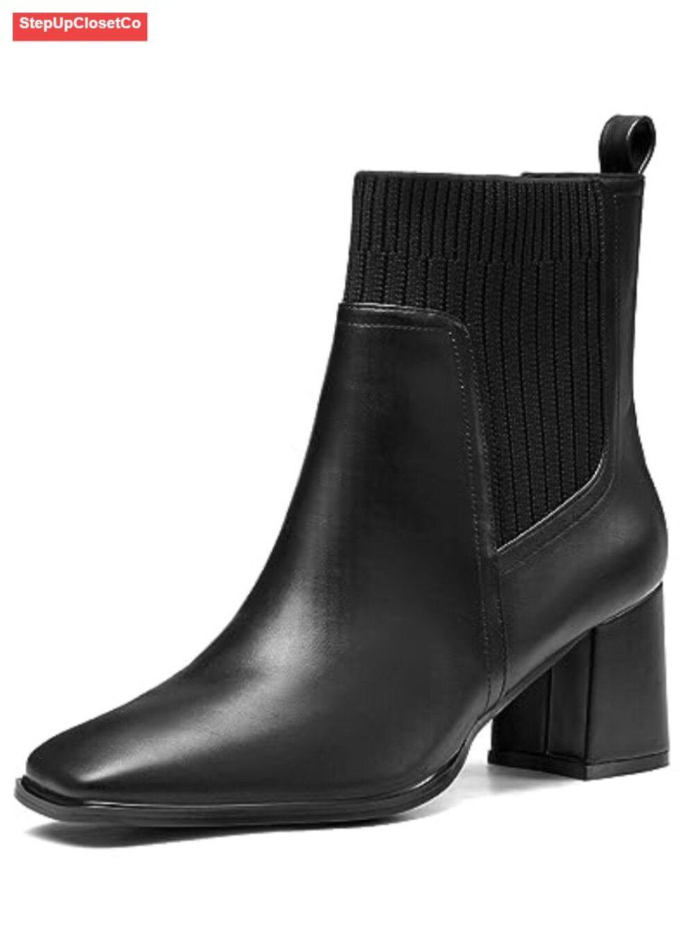 Coutgo Women's Slip On Ankle Boots Chunky Block Heel Square Toe Splicing Dress